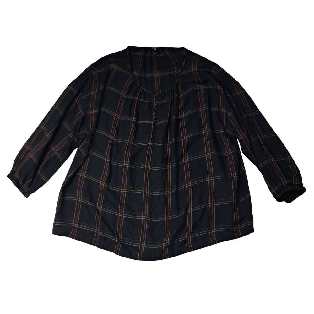 Madewell Shirred Peasant Top Womens 2X Black Windowpane Plaid Wool Blend Fall